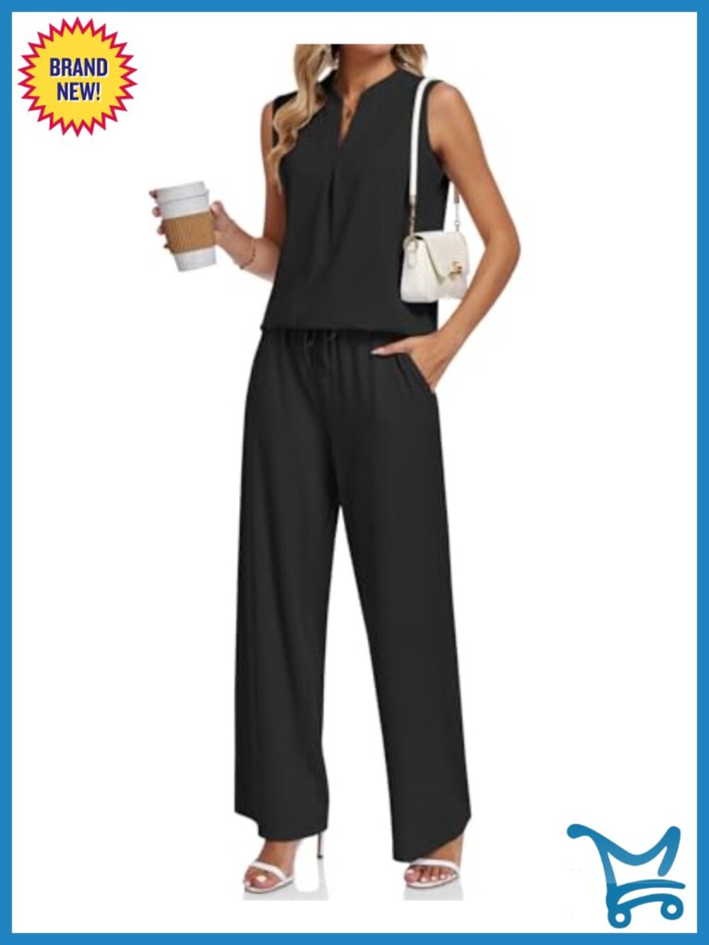 Waffle Knit Two Piece Set V Neck Sleeveless Pleated Pants Matching Set
